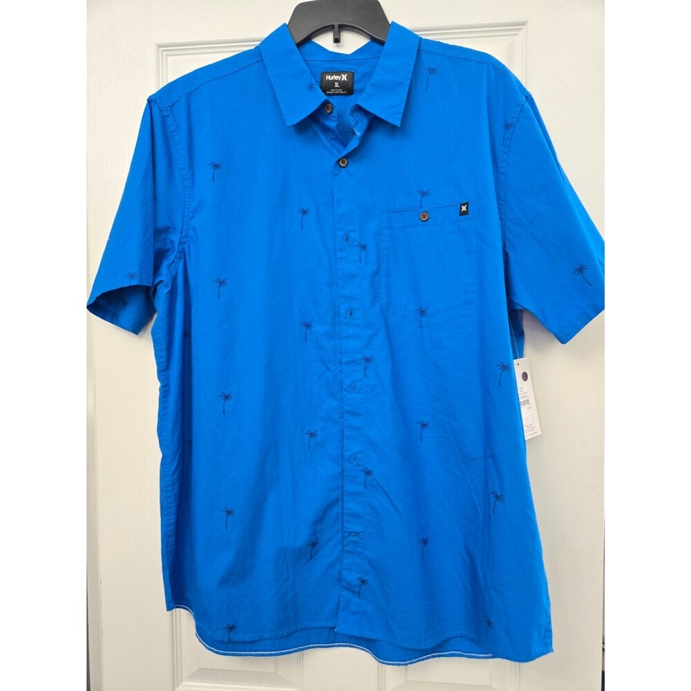 NWT Hurley Men's Short-Sleeve Blue Palm-Print Button-Up Shirt XL